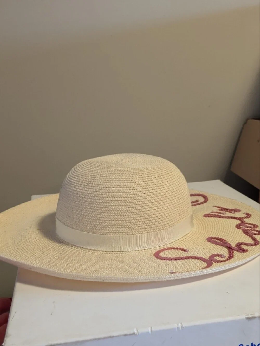Eugenia Kim School's Out Beige Straw Sun Hat with Pink Sequin Script